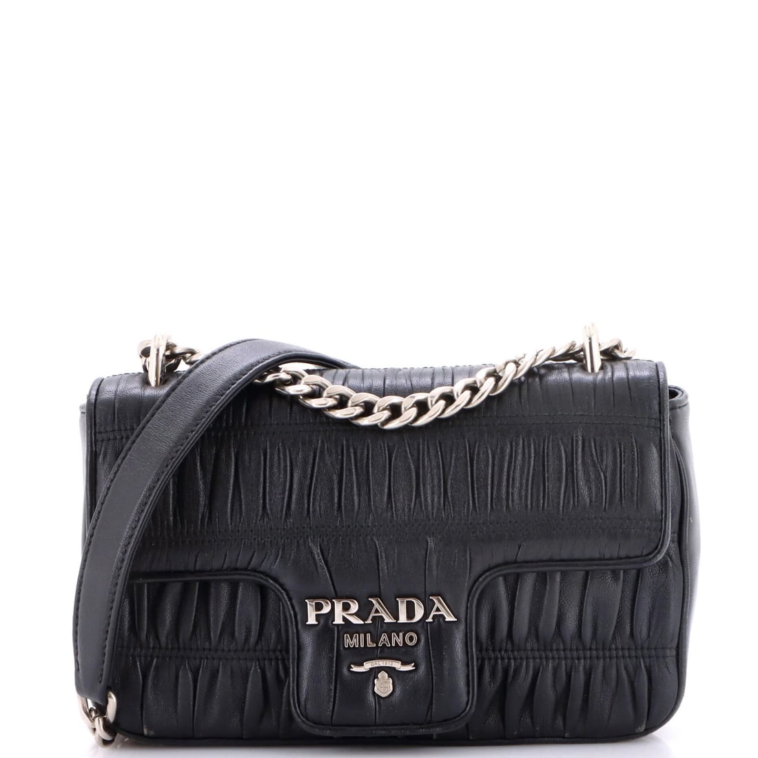 Chain flap bag small Gaufre Nappa Prada: Chain flap bag small Gaufre Nappa Prada Small Chain Flap Bag with Gaufre Nappa Leather in Black, Aged Silver Hardware. This Prada Cross Body Bag features a classic design with a chain flap closure and