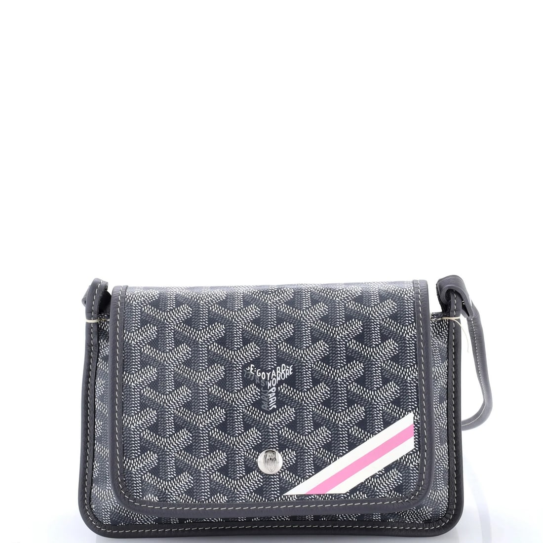 Canvas Printed Wallet Clutch Goyard Plumet: Canvas Printed Wallet Clutch Goyard Plumet Gray canvas coated Goyard Plumet clutch wallet features a cross body design with minor creases on the exterior and interior. The interior is made of neutral 