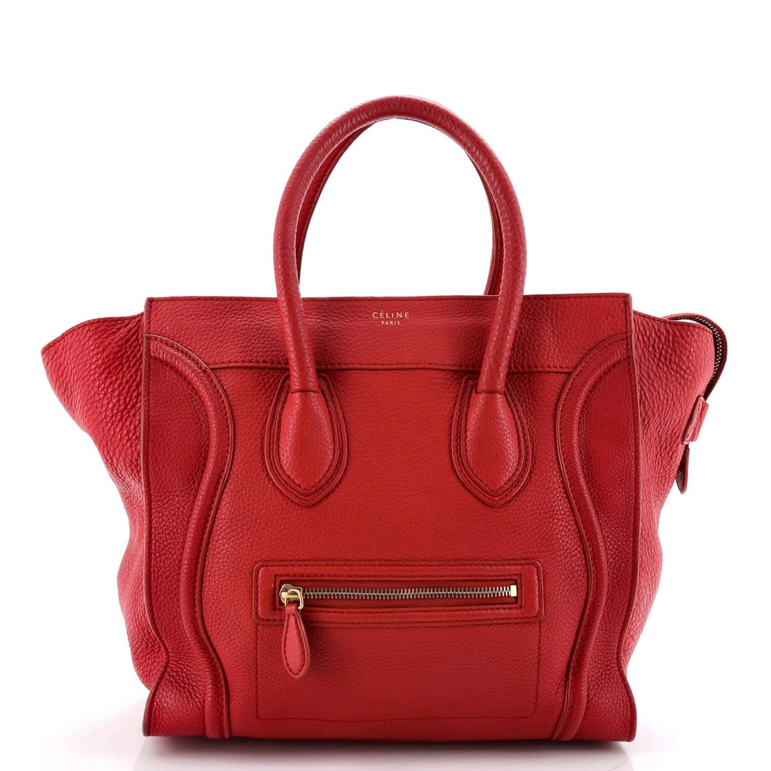 Celine Luggage Bag Grainy Leather Mini: Celine Luggage Bag Grainy Leather Mini The Celine Luggage Bag Grainy Leather Mini boasts a bold, red exterior with a unique grainy leather finish. Measuring 12" in height, width, and depth, this mini 