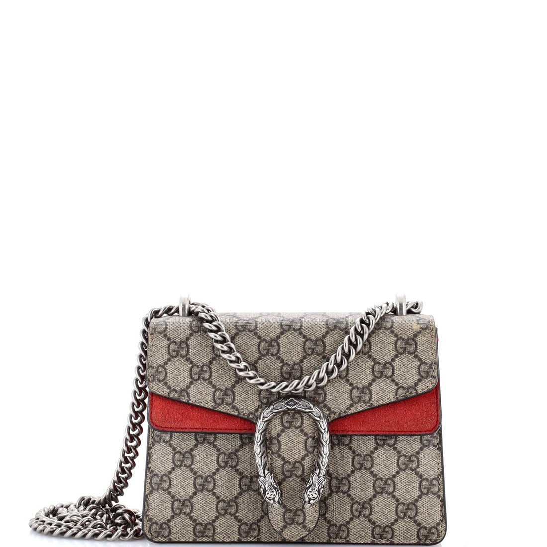 Coated Canvas Dionysus Mini Bag Gucci GG: Coated Canvas Dionysus Mini Bag Gucci GG Coated canvas Dionysus mini bag in brown, featuring a classic cross-body design with a 24" strap drop and 12" handle drop. The bag's exterior shows minor creas