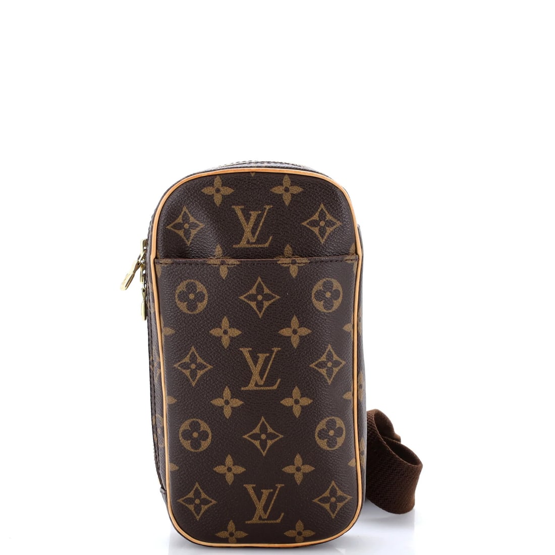 Monogram Canvas Gange Pochette Louis Vuitton: Monogram Canvas Gange Pochette Louis Vuitton Brown Mini Pochette Gange with Monogram Canvas Exterior and Gold Hardware. This Louis Vuitton Mini Pochette Gange features a classic brown canvas exterior