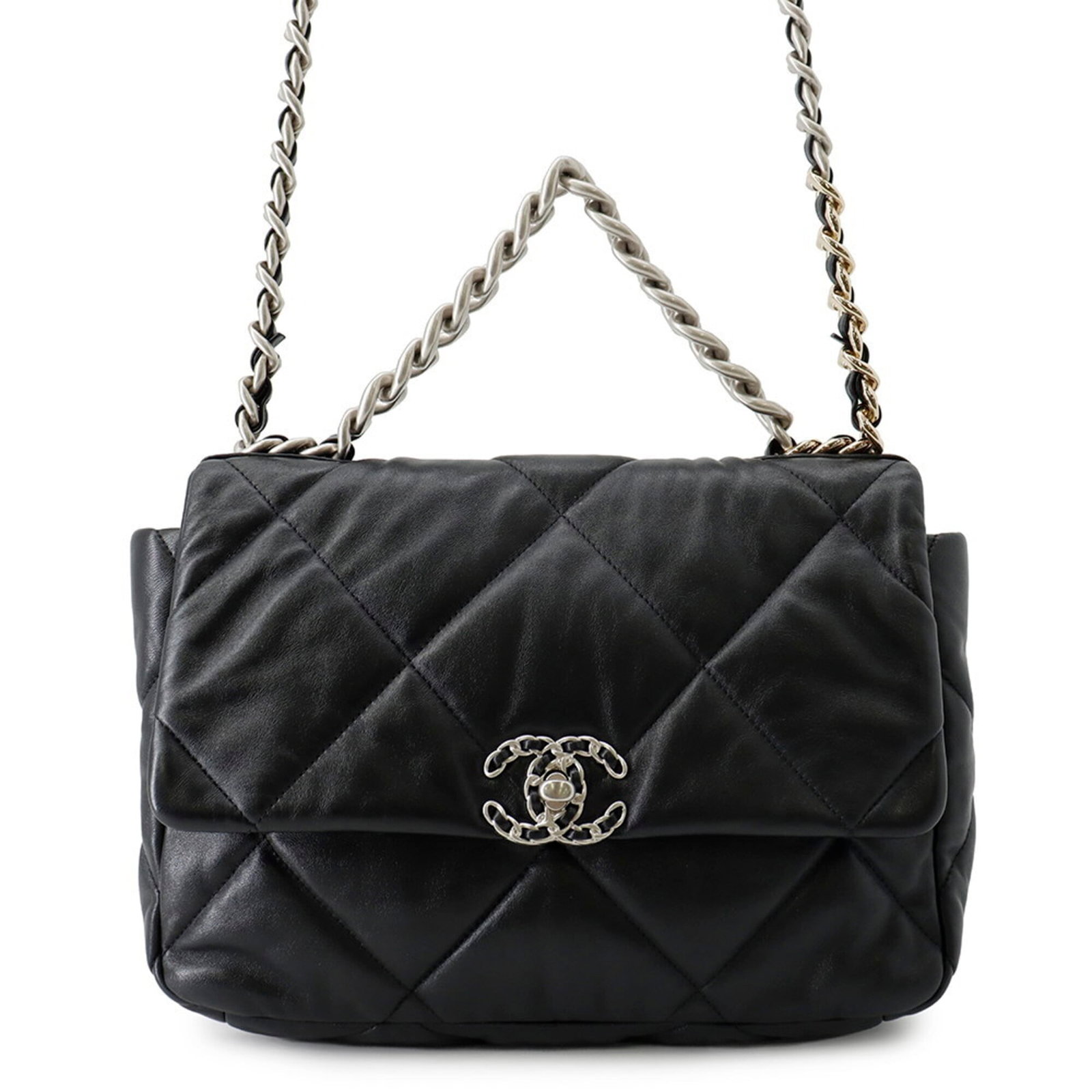 CHANEL Handbag Shoulder Bag Leather: CHANEL Handbag Shoulder Bag Leather Black lambskin leather, gold and silver hardware, and a sleek design make this Chanel shoulder bag a stylish accessory. Measuring 21cm x 30cm x 8cm, it offers a spa