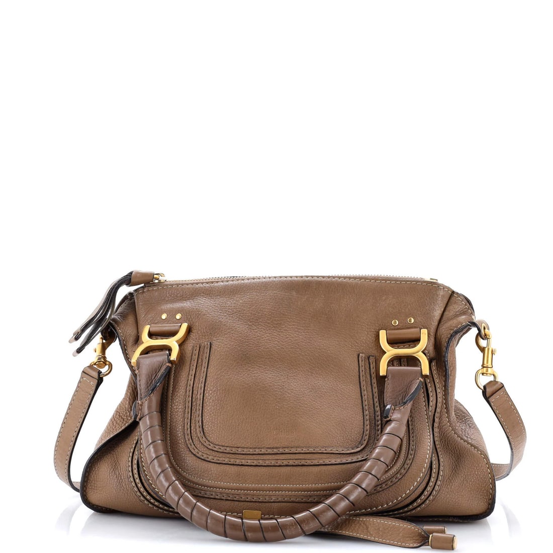 Satchel Chloe Medium Leather Marcie: Satchel Chloe Medium Leather Marcie The Chloe Medium Leather Marcie Satchel boasts a classic, timeless design with a rich brown leather exterior, complemented by a vibrant green interior. Measuring 11