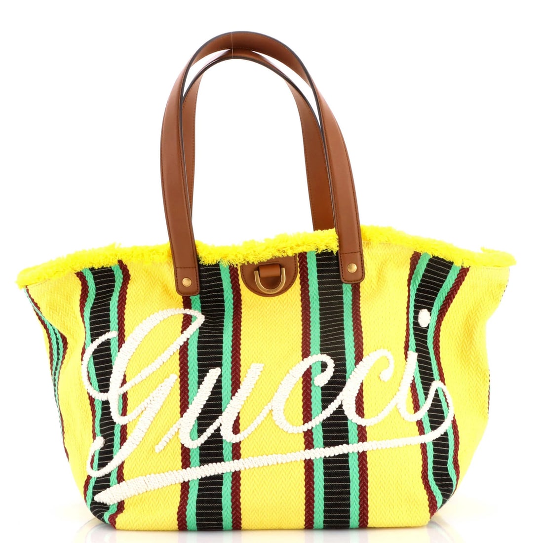Gucci Script Open Embroidered Stripe Canvas Tote with Medium Leather: Gucci Script Open Embroidered Stripe Canvas Tote with Medium Leather Yellow Gucci Script Open Embroidered Stripe Canvas Tote with Medium Leather, featuring a vibrant multicolor exterior with gold hard