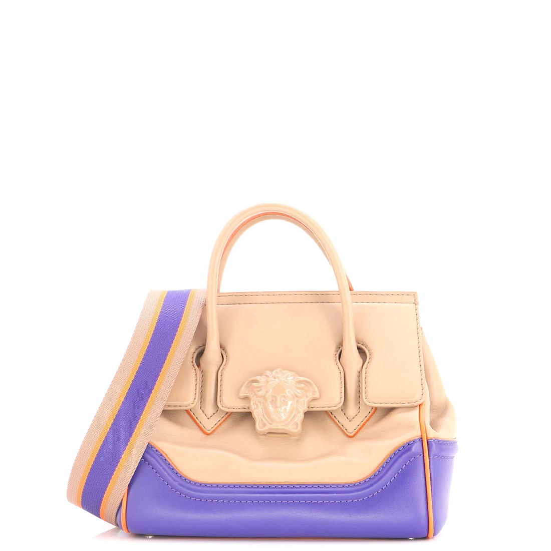 Palazzo Versace Leather Medium Bag: Palazzo Versace Leather Medium Bag The Palazzo Versace Leather Medium Bag features a neutral navy blue exterior with a gold hardware accent, complemented by a neutral interior and a sturdy extra