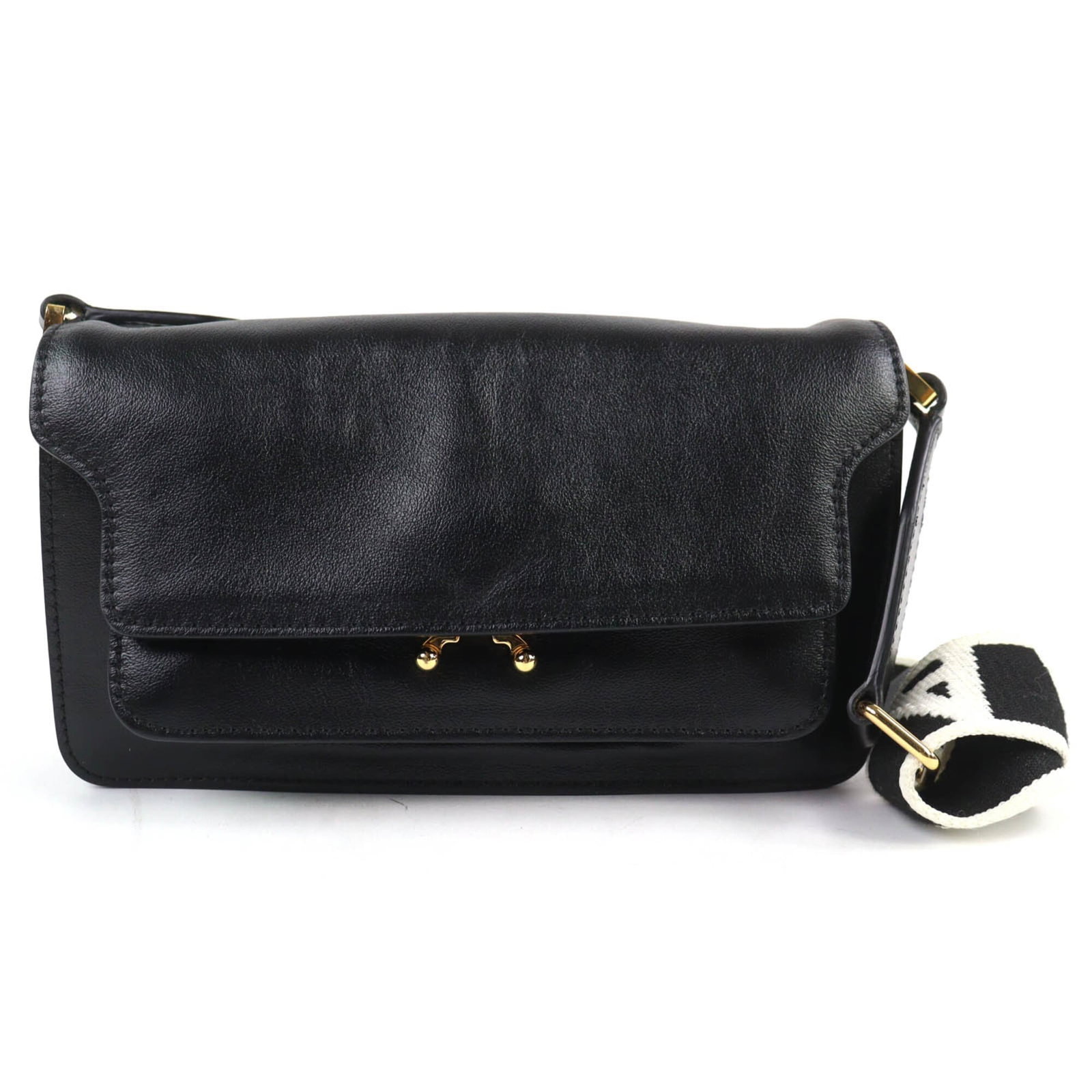 MARNI Shoulder Bag Leather: MARNI Shoulder Bag Leather Black Marni leather shoulder bag with gold hardware, measuring 13cm x 23.5cm x 5cm, in like new used condition with no visible wear. The bag's sleek design and premium leath