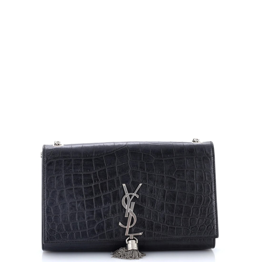Classic Saint Laurent Monogram Crocodile Leather Embossed Bag Tassel Crossbody: Classic Saint Laurent Monogram Crocodile Leather Embossed Bag Tassel Crossbody Classic Saint Laurent Monogram Crocodile Leather Embossed Bag Tassel Crossbody in Black. This medium-sized crossbody bag