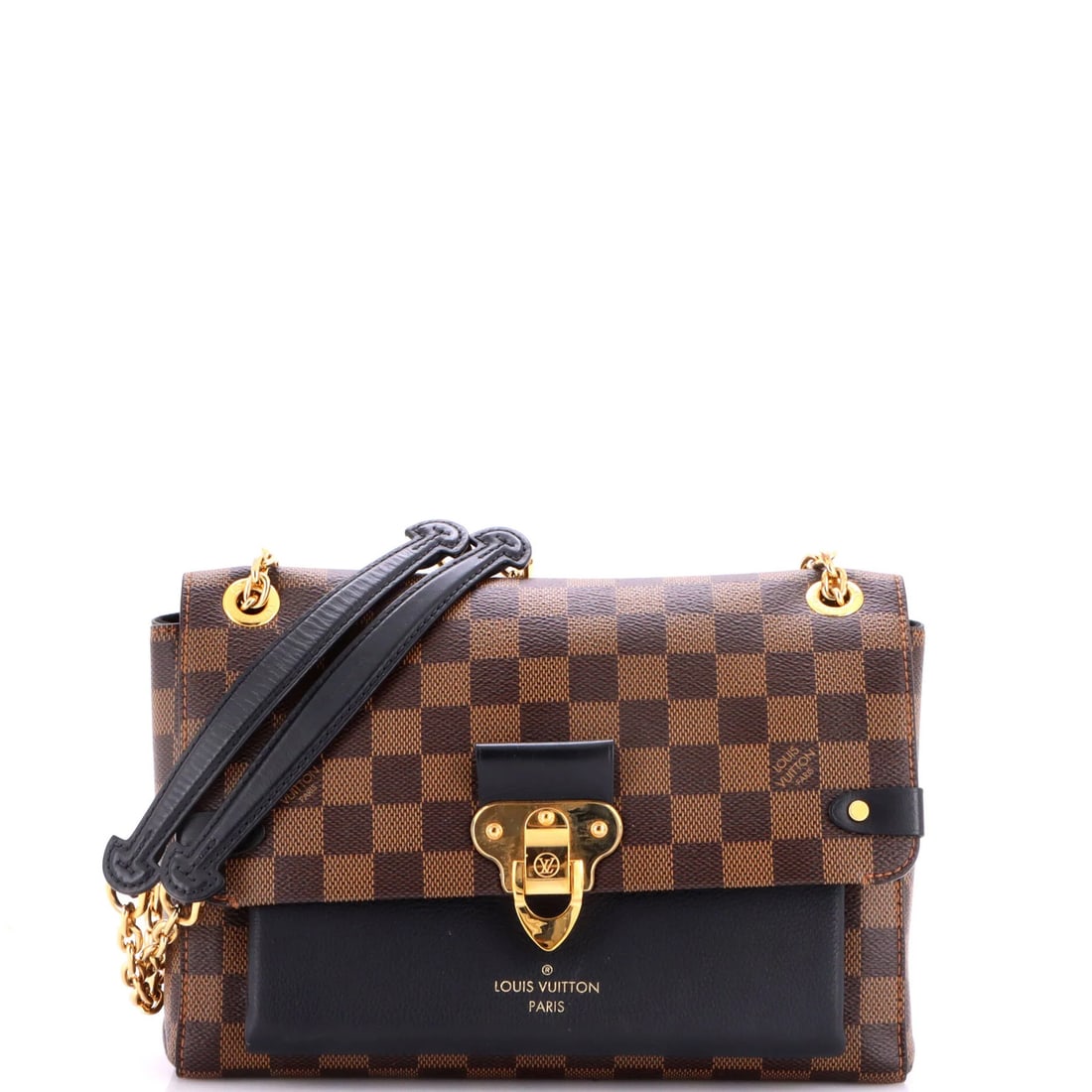 Vuitton Louis Handbag Leather Damier Vavin PM: Vuitton Louis Handbag Leather Damier Vavin PM Black Louis Vuitton Vavin PM Damier Handbag with Gold Hardware. This cross-body bag features canvas-coated leather exterior with scuffs, cracking, edge