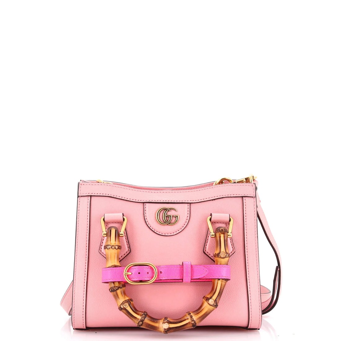 Diana Gucci Mini Tote Leather Bamboo Handle: Diana Gucci Mini Tote Leather Bamboo Handle The Gucci Diana Mini Tote features a stylish pink leather exterior with a unique bamboo handle, adding a touch of eco-friendliness to this chic cross-body b