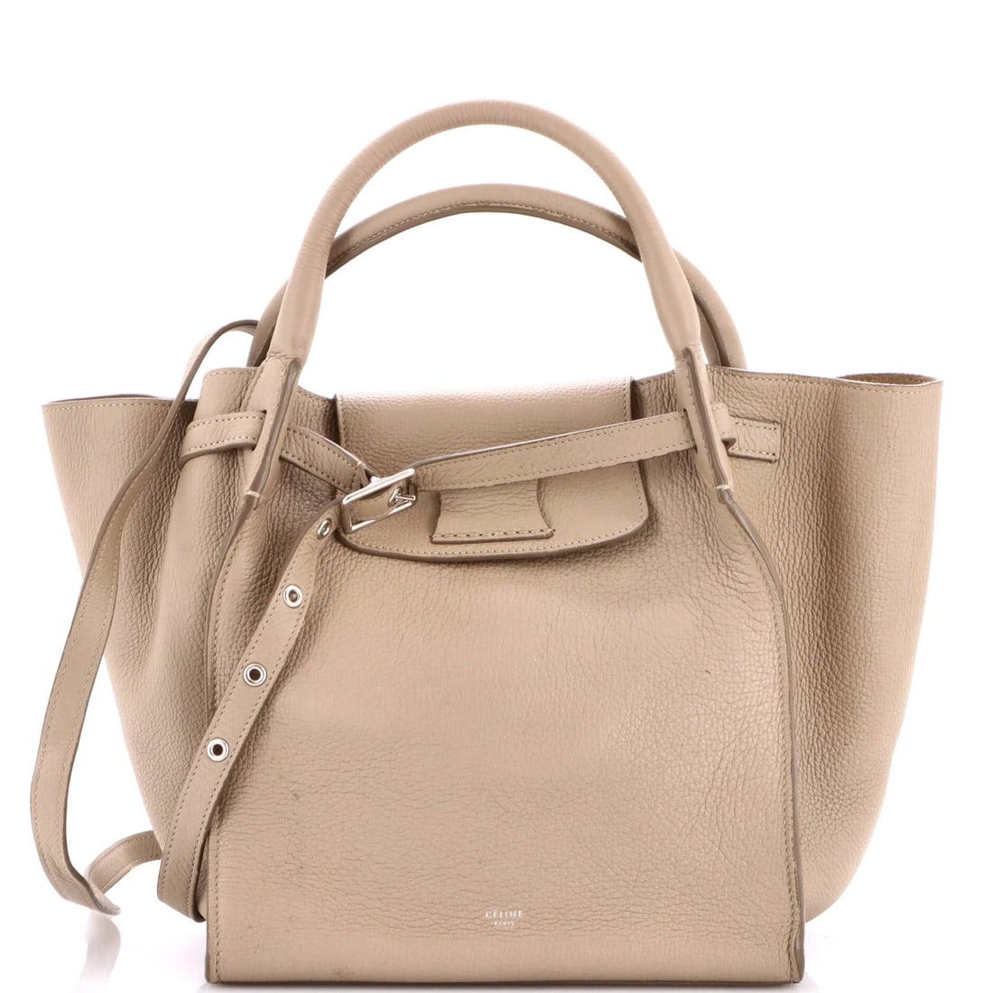 Calfskin Grained Small Big Celine Bag: Calfskin Grained Small Big Celine Bag Small Big Celine Bag in Neutral Grained Calfskin Exterior. This Celine bag features a neutral exterior with a grained calfskin finish, a top handle, and a silver 