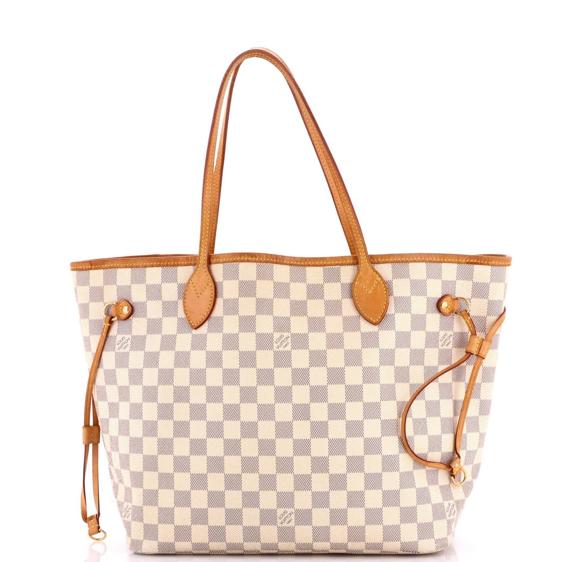 Damier Tote Neverfull Louis Vuitton: Damier Tote Neverfull Louis Vuitton White Damier MM Neverfull Tote from Louis Vuitton, featuring a canvas-coated exterior and gold hardware, measures 11" tall, 12" wide, and 6" deep, with an 8" handle