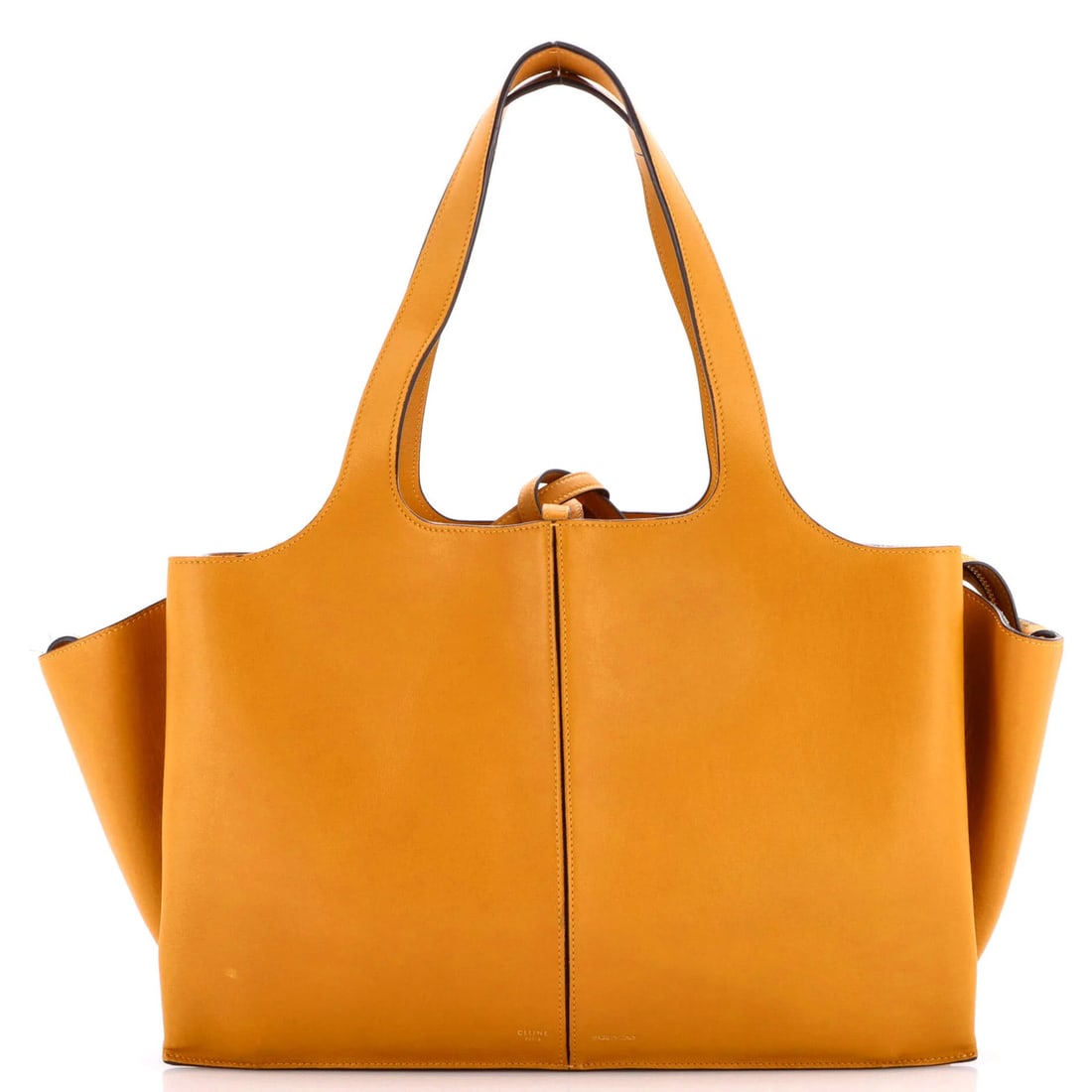 Celine Tri-Fold Shoulder Bag Smooth Calfskin Medium: Celine Tri-Fold Shoulder Bag Smooth Calfskin Medium The Celine Tri-Fold Shoulder Bag Smooth Calfskin Medium boasts a vibrant yellow exterior with a smooth, high-quality leather finish. Measuring 10"