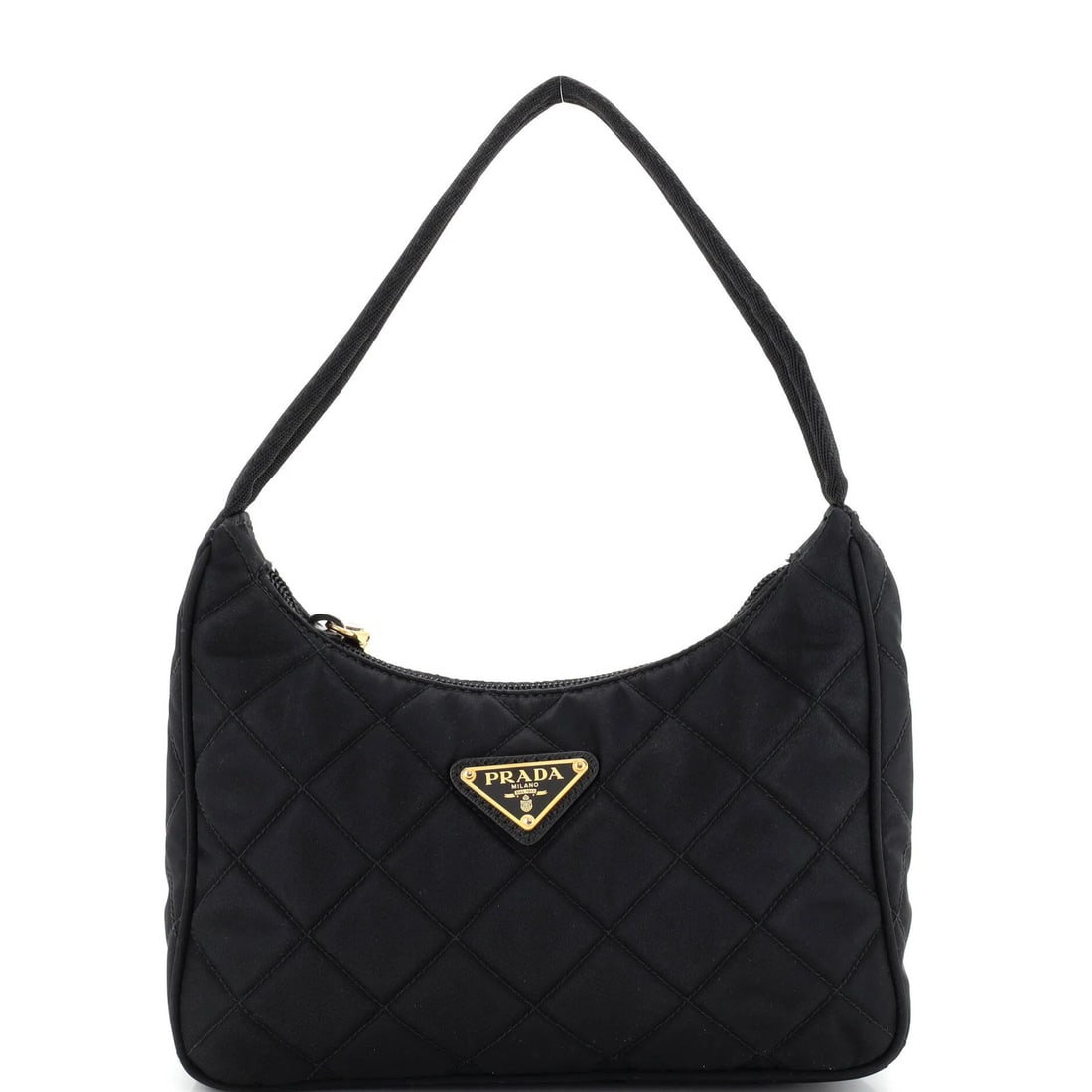 Hobo Quilted Tessuto Small Prada: Hobo Quilted Tessuto Small Prada Small Prada Hobo Quilted Tessuto in black nylon exterior, featuring a quilted design and gold hardware. Measuring 7" handle drop, 7" height, 9" width, and 2.5" depth,