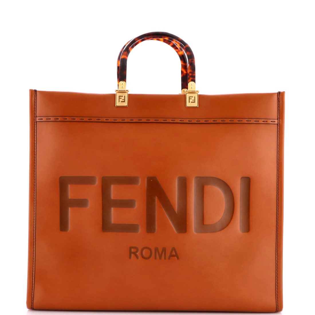 Leather Large Fendi Tote Shopper Sunshine: Leather Large Fendi Tote Shopper Sunshine Brown leather Fendi Sunshine Shopper Tote with gold hardware, measuring 14" high, 16" wide, and 8" deep, features suede interior and minor scuffs on exterior