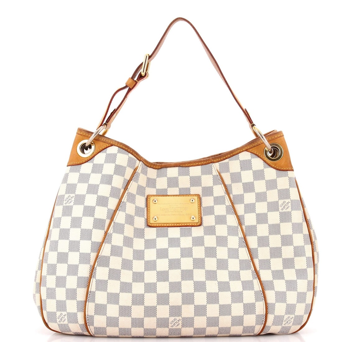 Damier PM Louis Vuitton Galliera: Damier PM Louis Vuitton Galliera White Damier PM Louis Vuitton Galliera Hobos Bag with Heavy Edge Wear and Scuffs. This canvas-coated bag features a neutral microfiber interior and gold hardware, meas