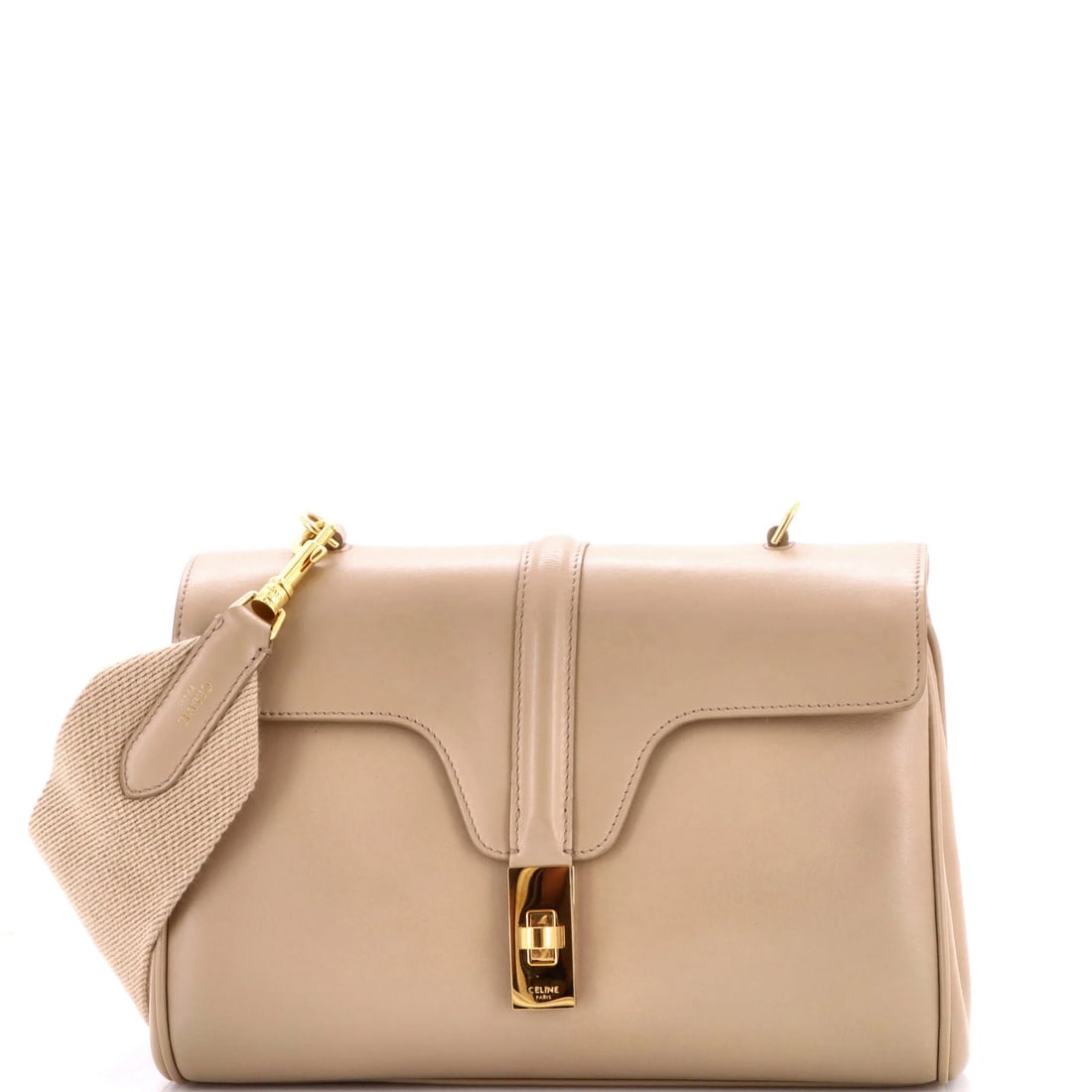 Celine Soft 16 Bag Smooth Calfskin Teen: Celine Soft 16 Bag Smooth Calfskin Teen Soft and sophisticated, this Celine Soft 16 Bag features a neutral exterior and suede interior, with gold hardware adding a touch of elegance. Measuring 6" x 9.