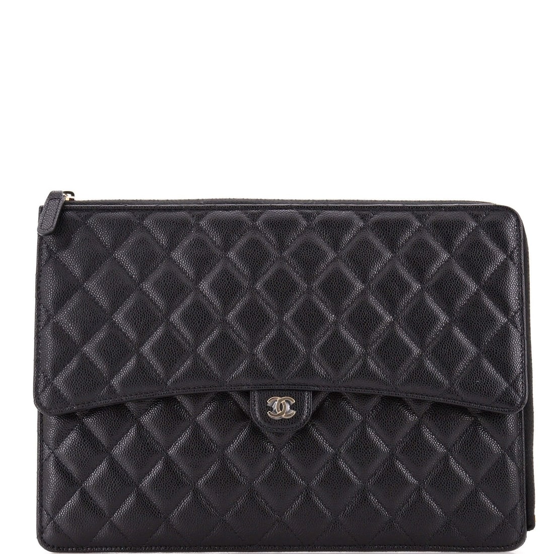 Caviar Quilted Large Zip Flap Clutch Chanel: Caviar Quilted Large Zip Flap Clutch Chanel This Chanel quilted caviar large flap zip clutch is a stylish and sophisticated accessory, featuring a classic design with a modern twist. The black leather