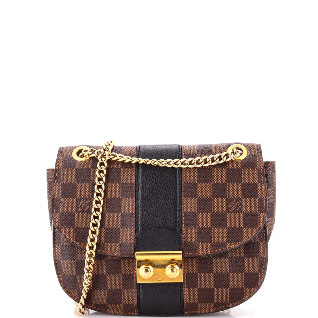 Handbag Damier Leather Louis Vuitton: Handbag Damier Leather Louis Vuitton Black Handbag Damier Leather Louis Vuitton, featuring a classic shoulder bag design with a black leather exterior and gold hardware, measures 7" high, 9" wide, and