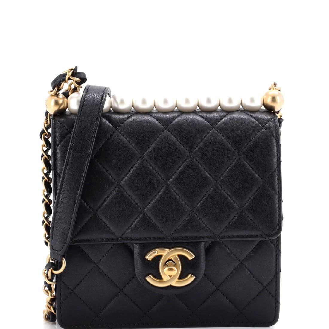 Chic Pearls Flap Lambskin Bag Quilted Mini: Chic Pearls Flap Lambskin Bag Quilted Mini Chic Pearls Flap Lambskin Bag Quilted Mini in sleek black leather, featuring a compact design with a 6.5" height and 22.5" strap drop. The quilted lambskin e