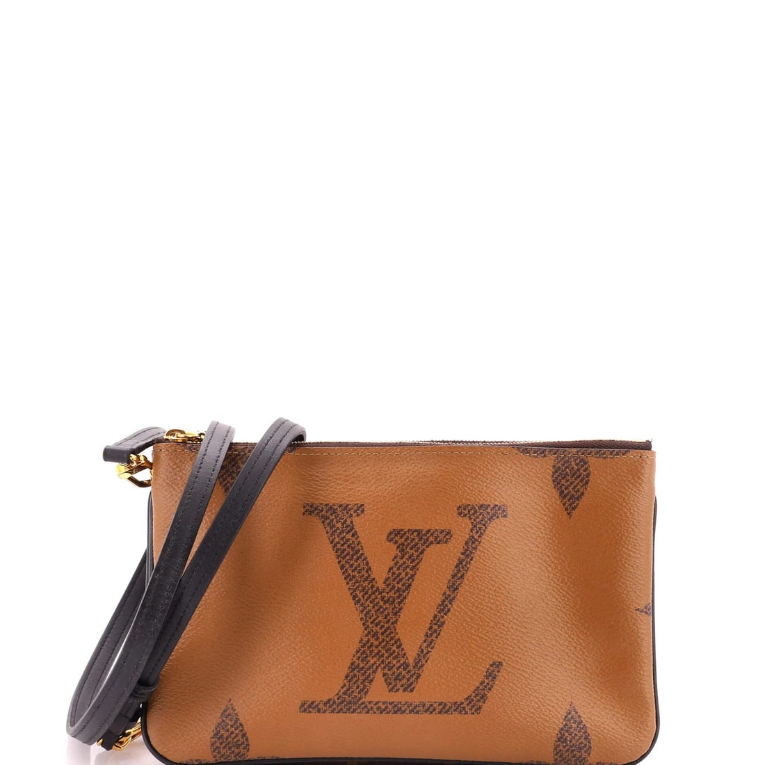 Louis Vuitton Reverse Giant Double Zip Pochette Monogram: Louis Vuitton Reverse Giant Double Zip Pochette Monogram Brown Louis Vuitton Reverse Giant Double Zip Pochette Monogram clutch features a canvas coated exterior with a classic monogram pattern, a gold