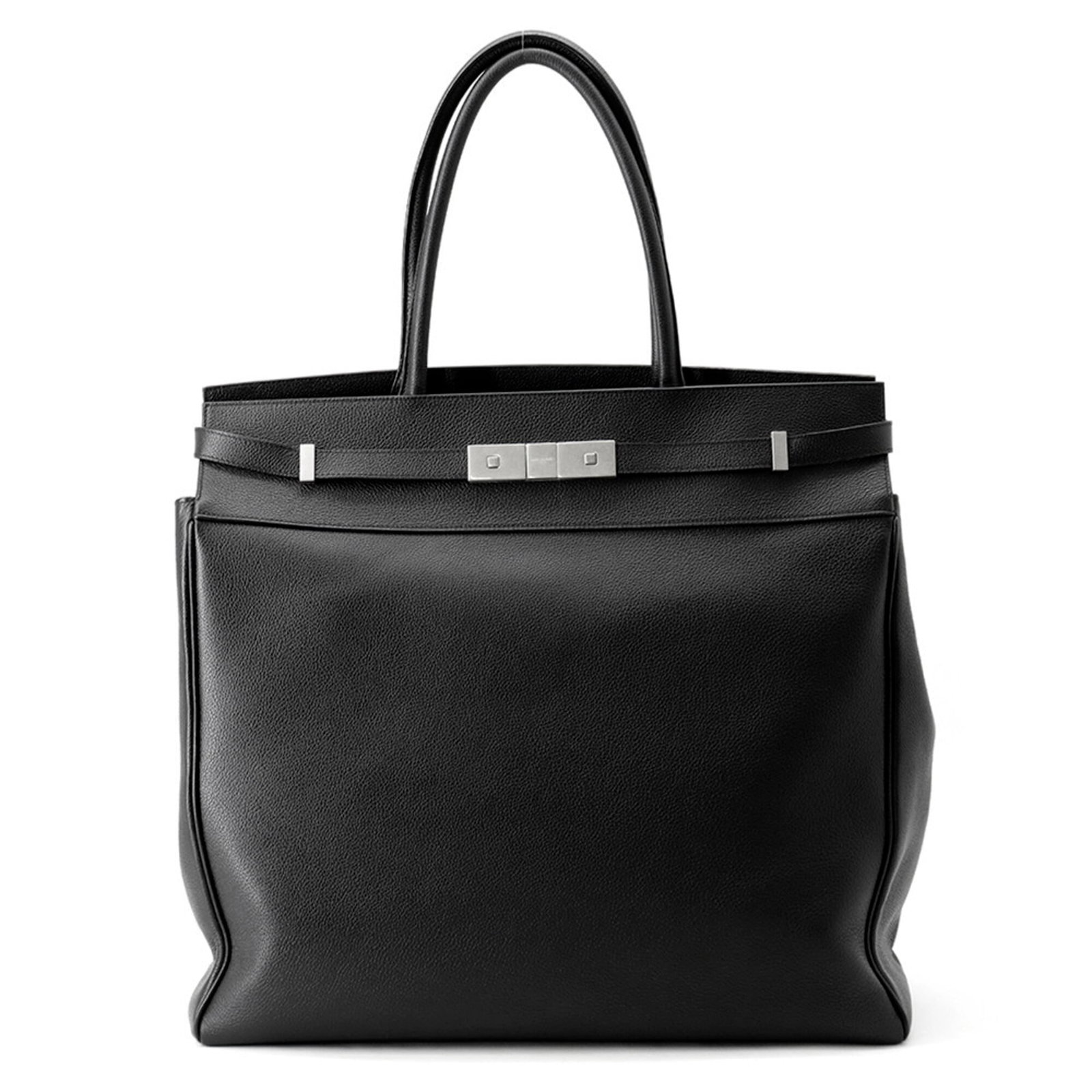 YVES SAINT LAURENT Handbag Tote Bag Leather: YVES SAINT LAURENT Handbag Tote Bag Leather Yves Saint Laurent's iconic tote bag is crafted from rich, matte black leather, featuring sleek matte silver hardware and an open closure. Measuring 41cm x 
