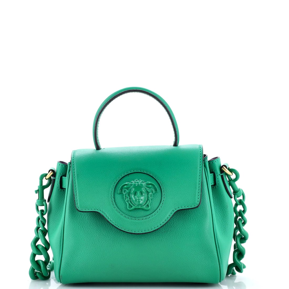 Medusa Leather Small Handle Top Versace Bag: Medusa Leather Small Handle Top Versace Bag Glittering green leather wraps around the small handle of this La Medusa Top Handle Bag, a Versace design that shines with a touch of luxury. Minor imperfec