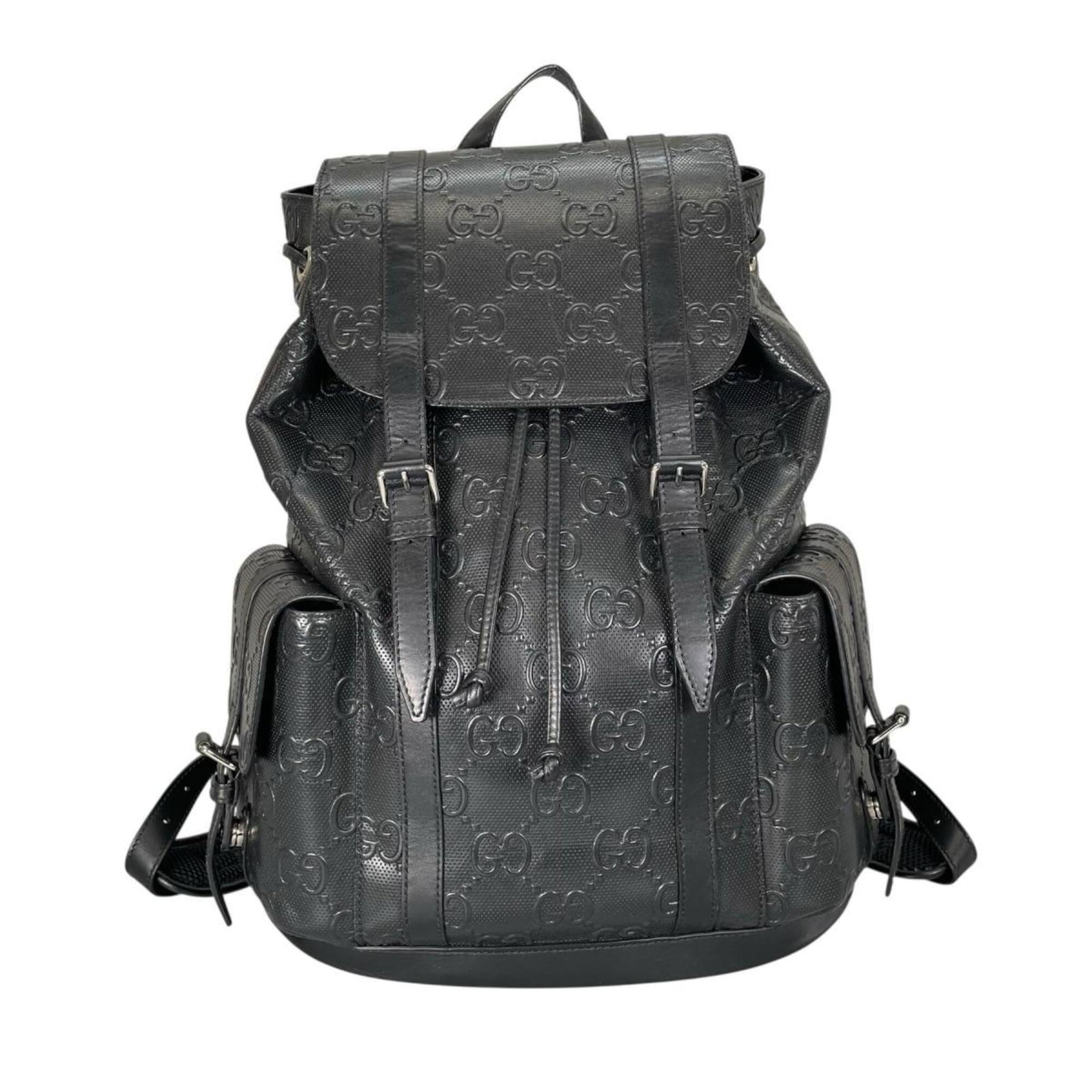 GUCCI Backpack Leather: GUCCI Backpack Leather Black leather backpack from Gucci, featuring an open outer pocket and a classic design. Made from high-quality leather, this backpack measures 42cm x 34cm x 13cm and weighs