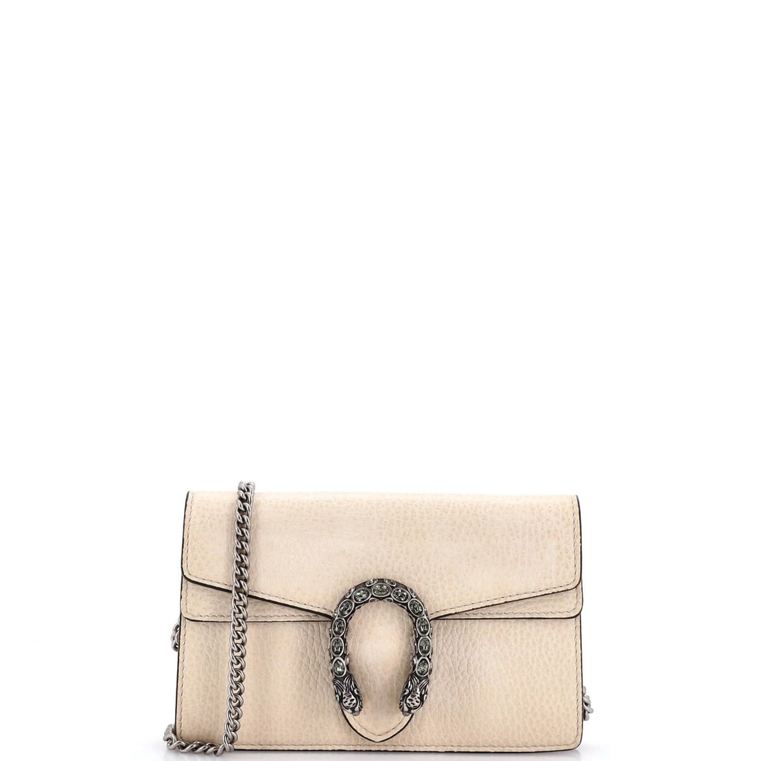 Super mini leather Gucci Dionysus bag: Super mini leather Gucci Dionysus bag Super mini leather Gucci Dionysus bag with neutral exterior and pink interior, featuring a crystal style and silver hardware. Measuring 4" in height, 6.5" in widt