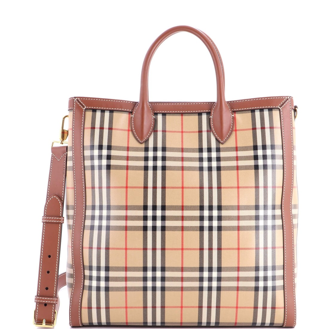 Burberry Convertible Tote Vintage Check Coated Canvas Medium: Burberry Convertible Tote Vintage Check Coated Canvas Medium Brown canvas coated leather convertible tote with gold hardware, featuring a neutral interior and a classic vintage check design. This medi