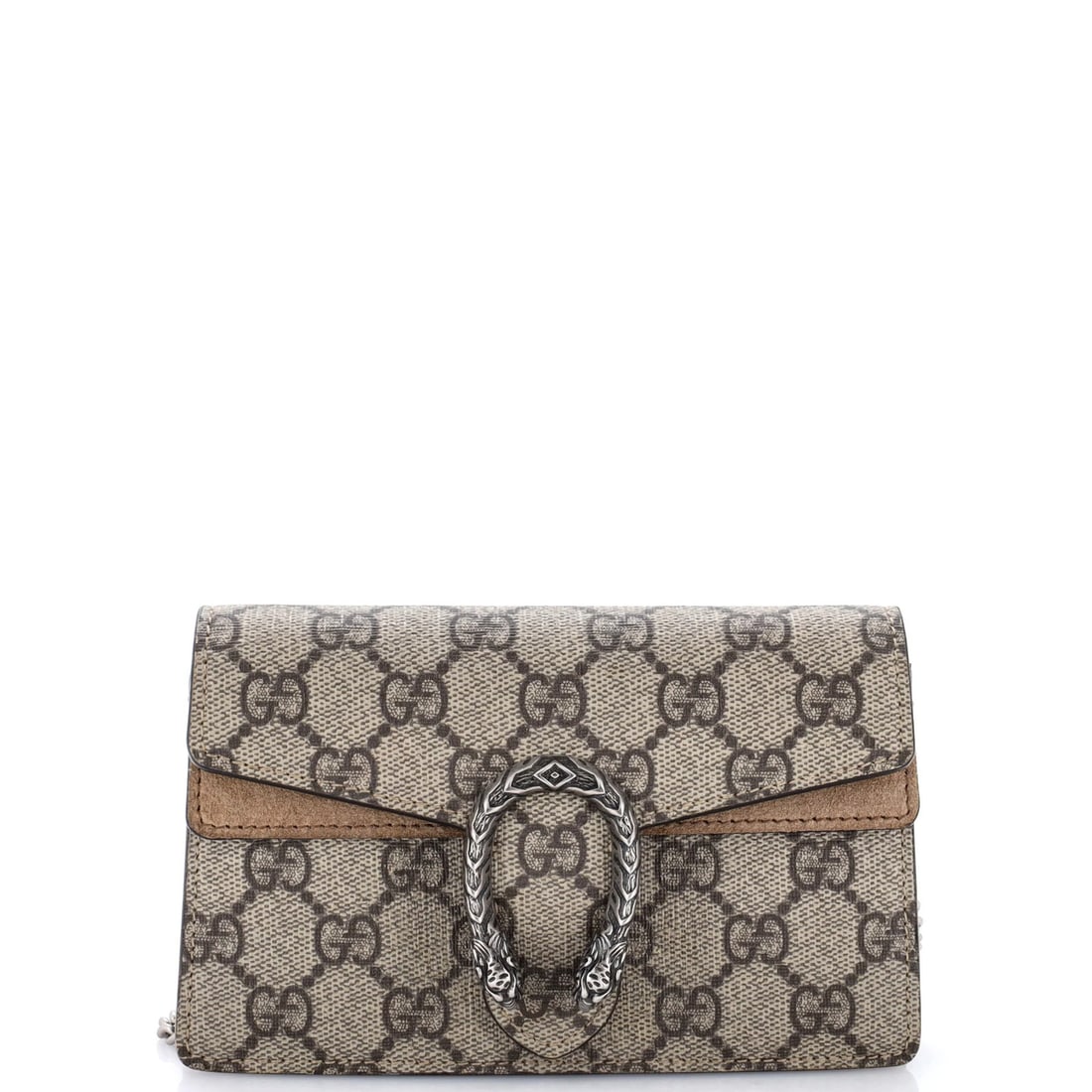 Super Mini GG Coated Canvas Gucci Dionysus Bag: Super Mini GG Coated Canvas Gucci Dionysus Bag Super Mini GG Coated Canvas Gucci Dionysus Bag features a compact design with a brown canvas exterior, complemented by a neutral microfiber and suede