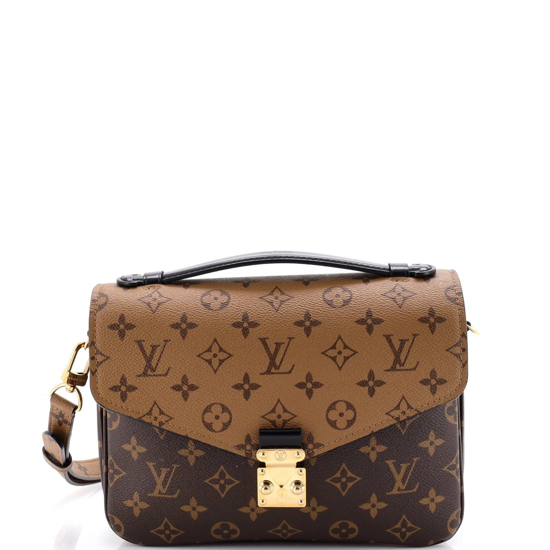 Louis Vuitton Reverse Pochette Monogram Canvas: Louis Vuitton Reverse Pochette Monogram Canvas The Louis Vuitton Reverse Pochette Monogram Canvas is a stylish cross body bag with a brown canvas exterior and gold hardware. Measuring 8" tall, 9.5" wi