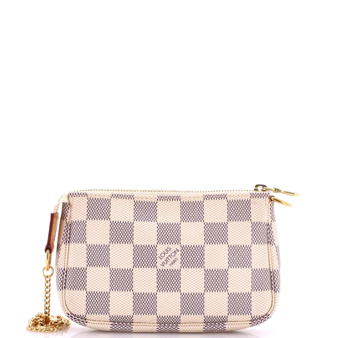 Damier Mini Louis Vuitton Accessoires Pochette: Damier Mini Louis Vuitton Accessoires Pochette White Damier Mini Pochette from Louis Vuitton features a canvas-coated exterior with a neutral interior and gold hardware. Minor scuffs, edge wear, and d