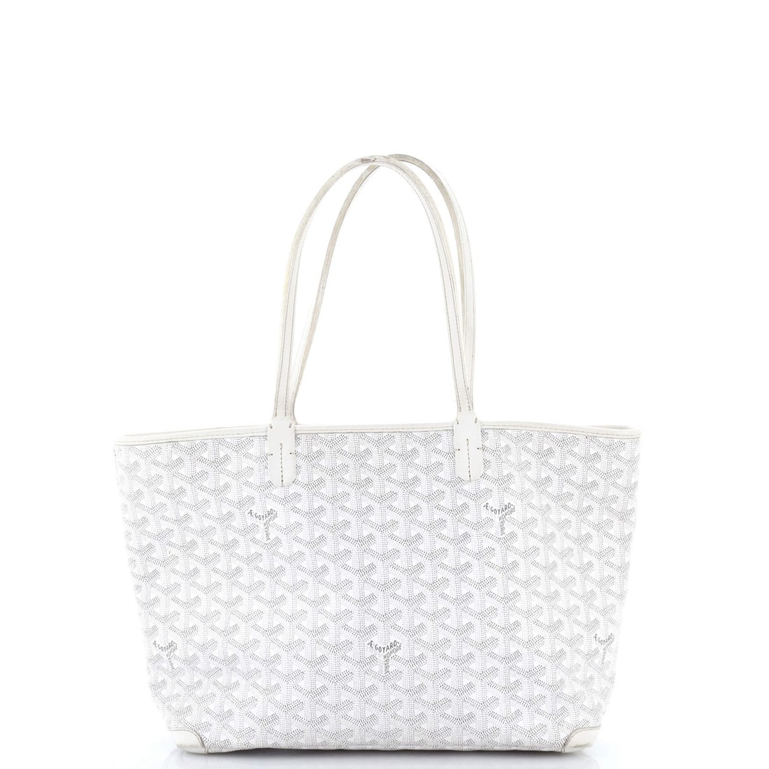 Canvas tote Goyard Coated Artois: Canvas tote Goyard Coated Artois Canvas tote Goyard Coated Artois features a white exterior with minor glue stains, heavy corner wear, and scuffs. The tote measures 9.5" tall, 12" wide, and 5" deep, w