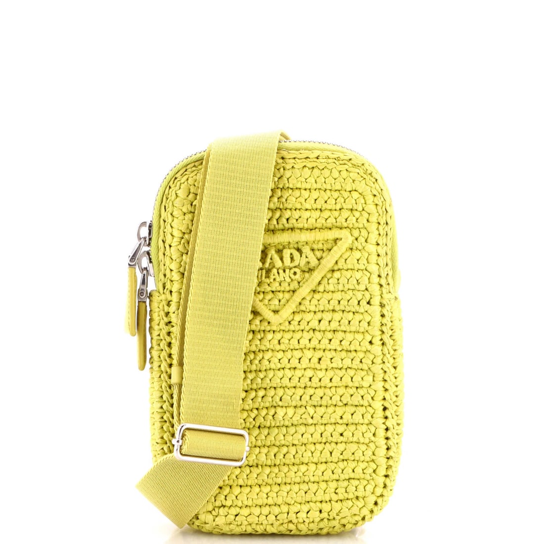 Raffia Crossbody Bag Prada Zip Phone Holder: Raffia Crossbody Bag Prada Zip Phone Holder Raffia exterior and gold hardware add a touch of elegance to this Prada crossbody bag. The minor creases on the exterior and handles/straps are a testament 