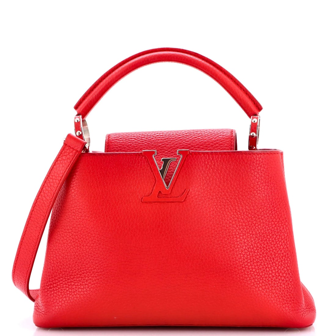 Capucines Bag Leather Louis Vuitton: Capucines Bag Leather Louis Vuitton The Capucines Bag in red leather from Louis Vuitton boasts a classic top handle design with a 2" drop. Measuring 7" in height, 10.5" in width, and 4" in depth,