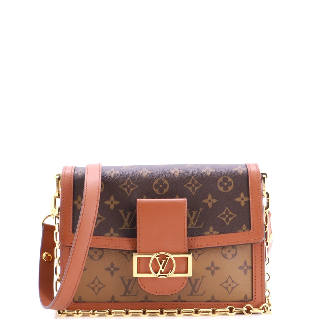 Reverse Monogram Canvas Dauphine Shoulder Bag Louis Vuitton MM: Reverse Monogram Canvas Dauphine Shoulder Bag Louis Vuitton MM Brown Reverse Monogram Canvas Dauphine Shoulder Bag with Extra Strap, featuring a classic Louis Vuitton design and gold hardware. This ca