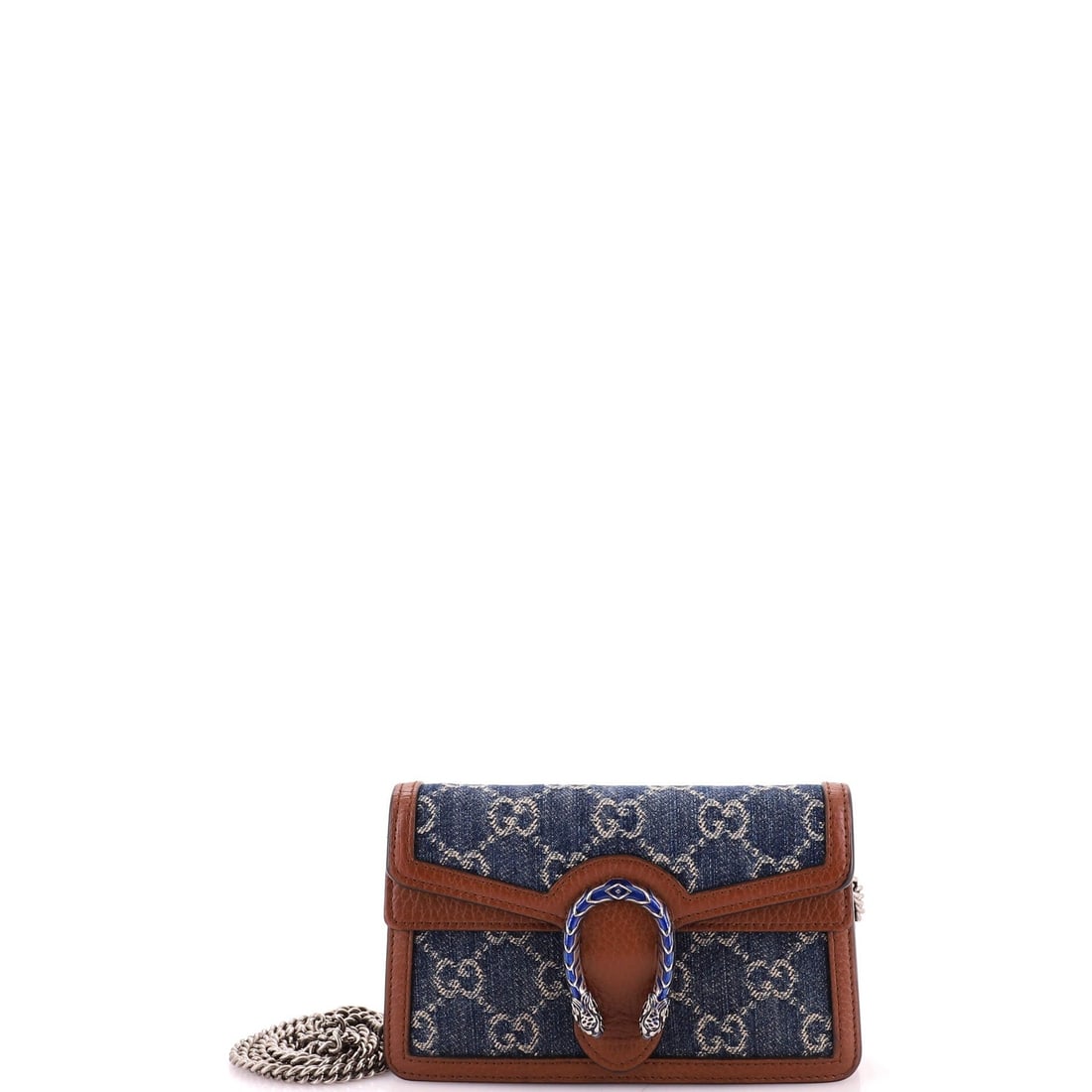 Gucci Dionysus Super Mini GG Denim Bag: Gucci Dionysus Super Mini GG Denim Bag The Gucci Dionysus Super Mini GG Denim Bag is a stylish and compact cross-body bag featuring a denim exterior with a blue hue. With its silver hardware and neutr