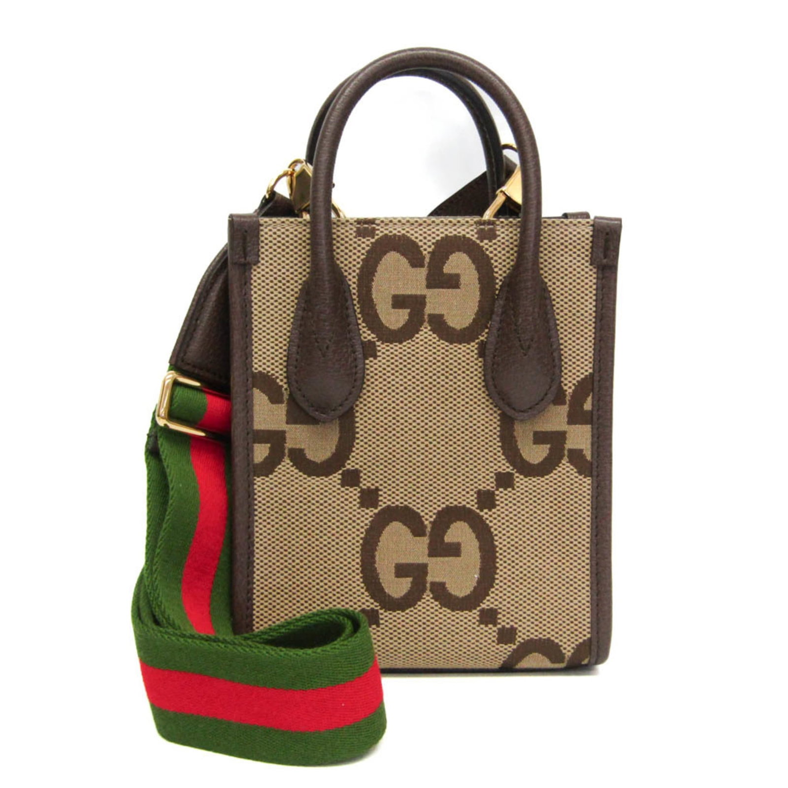 GUCCI Handbag Shoulder Bag Canvas Leather: GUCCI Handbag Shoulder Bag Canvas Leather Canvas and leather combine in this Gucci Jumbo GG Mini shoulder bag, featuring a classic design with a beige and dark brown color scheme. The bag boasts an ad