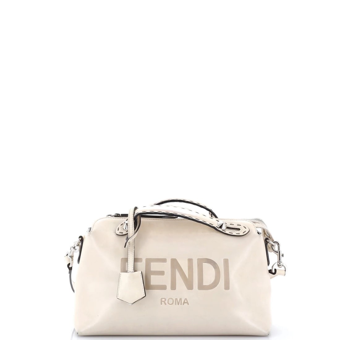 Fendi Logo By Satchel Embossed Leather Medium: Fendi Logo By Satchel Embossed Leather Medium The Fendi Logo By Satchel Embossed Leather Medium is a neutral-colored, medium-sized shoulder bag with a classic design. Featuring a signature Fendi logo 