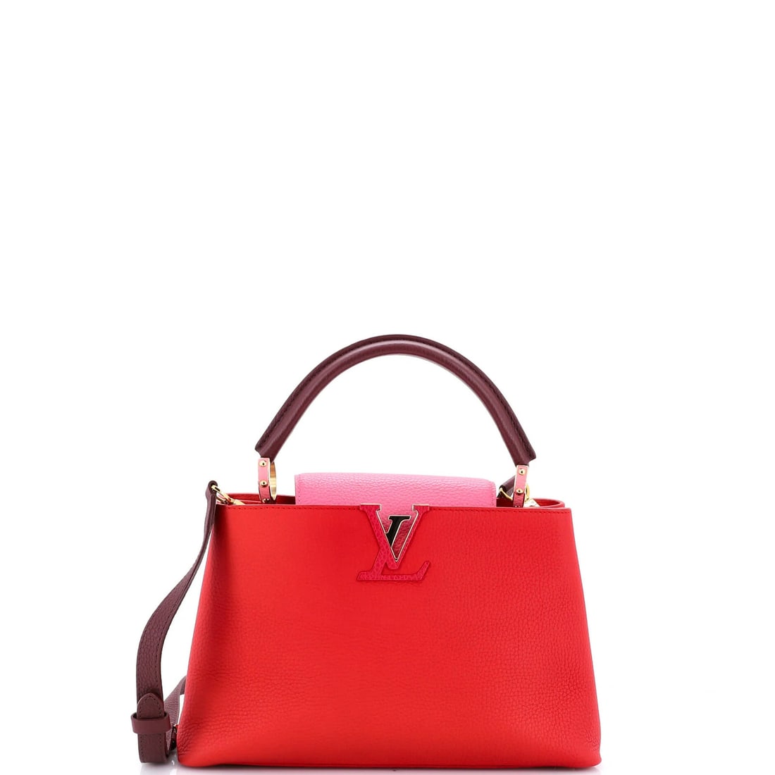 Louis Vuitton Capucines Bag Leather PM: Louis Vuitton Capucines Bag Leather PM Red Louis Vuitton Capucines Bag Leather PM with pink and red exterior, gold hardware, and interior. This top handle bag features a 4.5" drop handle, 8" height, 1