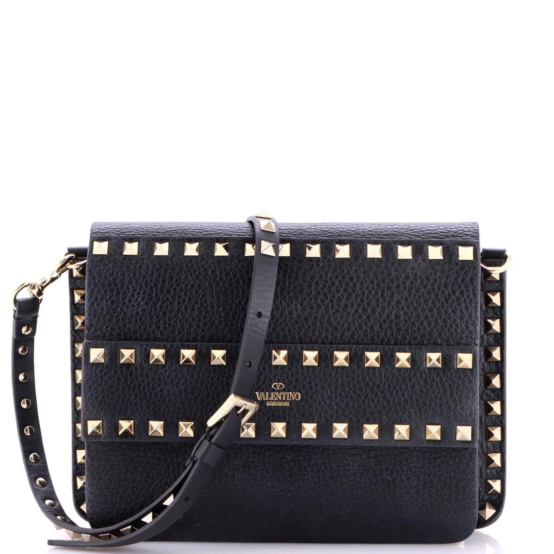 Small leather flap handle bag front Valentino Garavani Rockstud: Small leather flap handle bag front Valentino Garavani Rockstud Small leather flap handle bag with a striking Rockstud front, crafted from high-quality black leather and adorned with gold tone