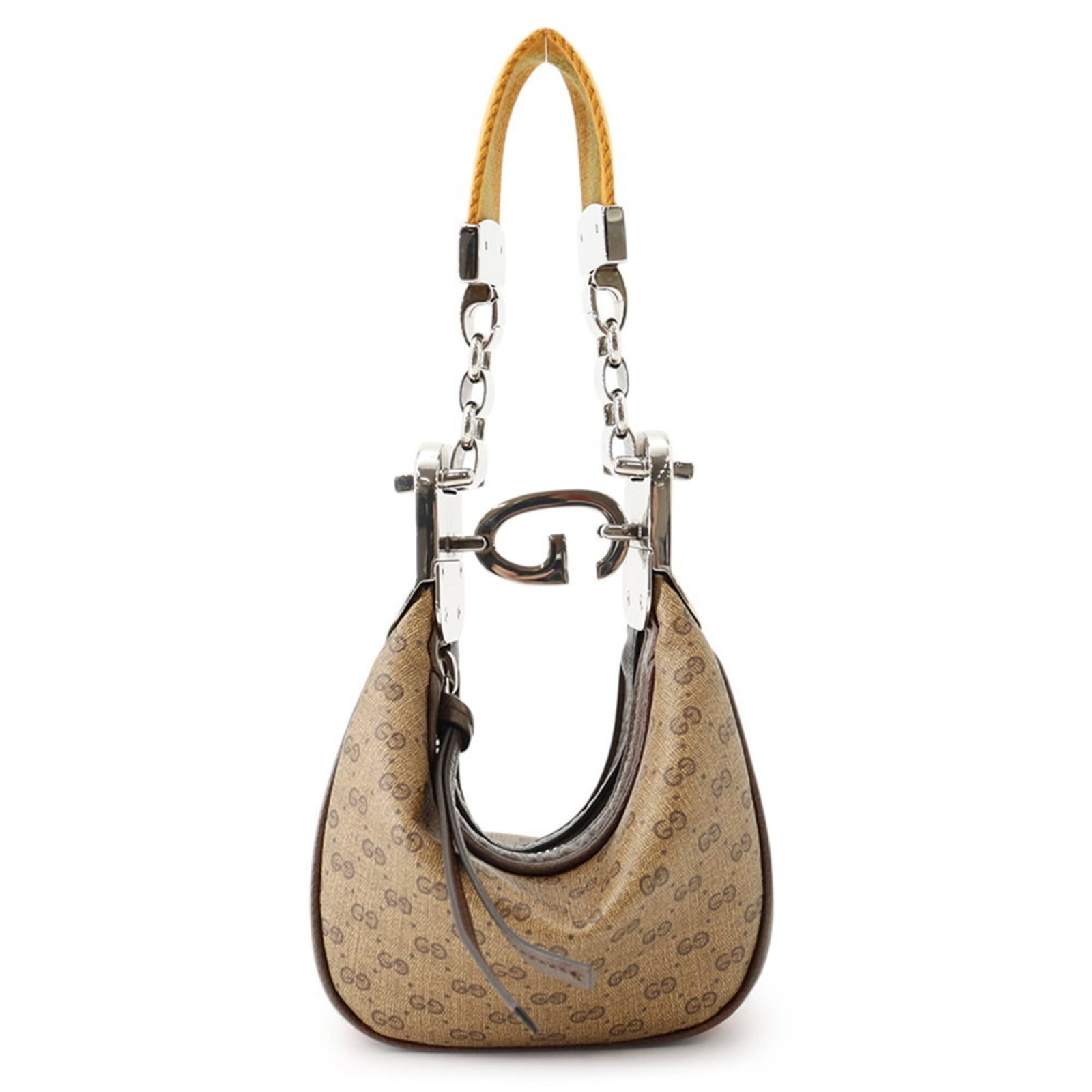 GUCCI Handbag Micro Gg Leather Leather: GUCCI Handbag Micro Gg Leather Leather Micro GG leather, a signature Gucci material, adorns this stylish handbag in rich brown. The sleek design features a silver zipper closure and adjustable strap l