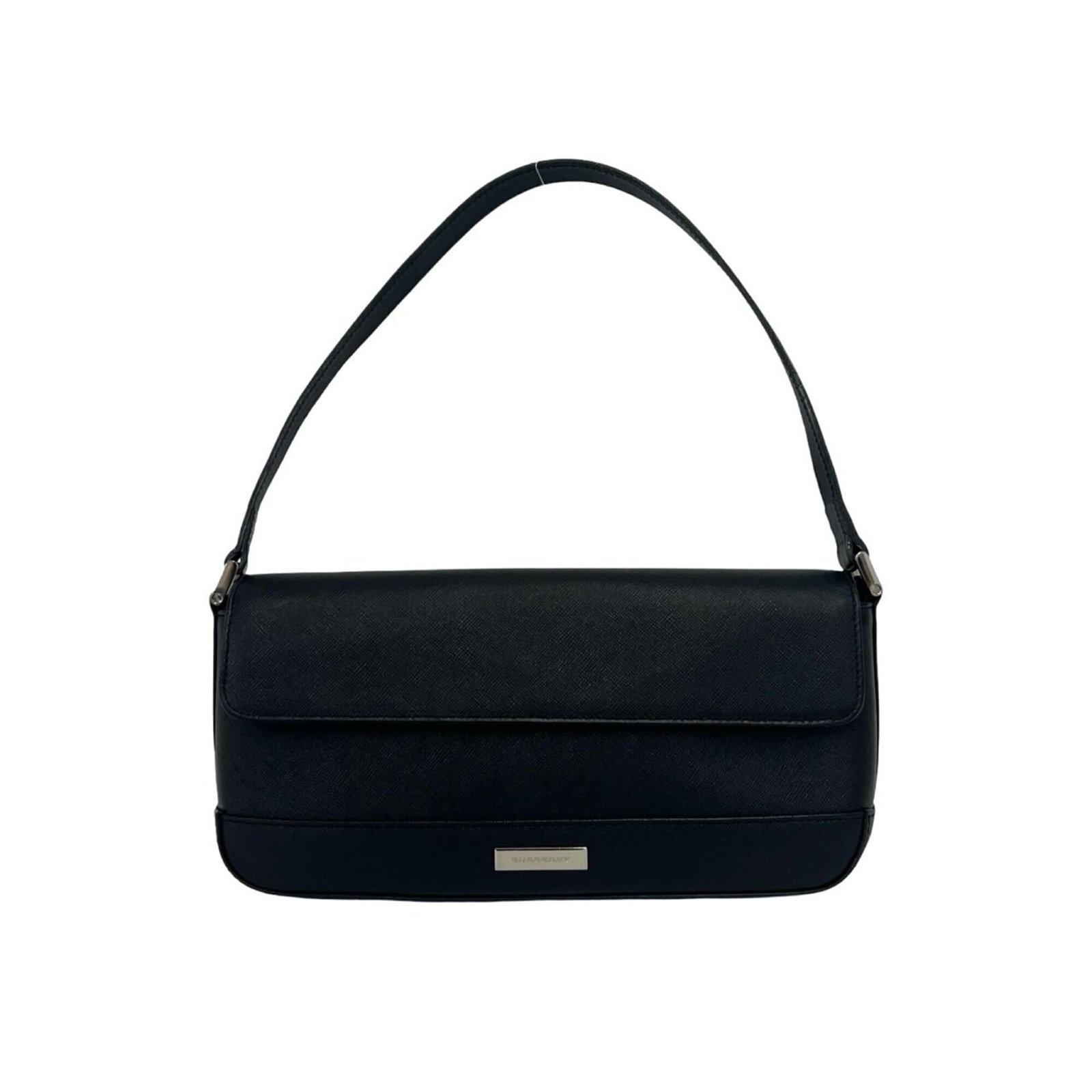BURBERRY Handbag Shoulder Bag Leather: BURBERRY Handbag Shoulder Bag Leather Black leather shoulder bag from Burberry, measuring 14.5cm x 28cm x 6.5cm, in like new used condition with no visible wear. The bag's leather material and sleek