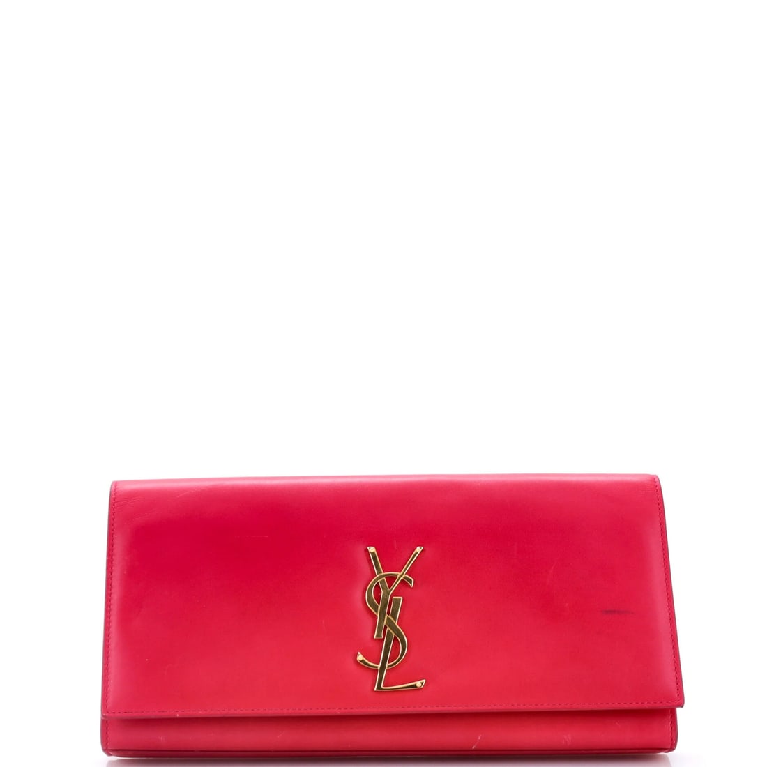 Monogram Leather Long Classic Clutch Saint Laurent: Monogram Leather Long Classic Clutch Saint Laurent Pink Monogram Leather Long Classic Clutch from Saint Laurent features a bold, long design with heavy scuffs throughout, cracking, and edge wear on
