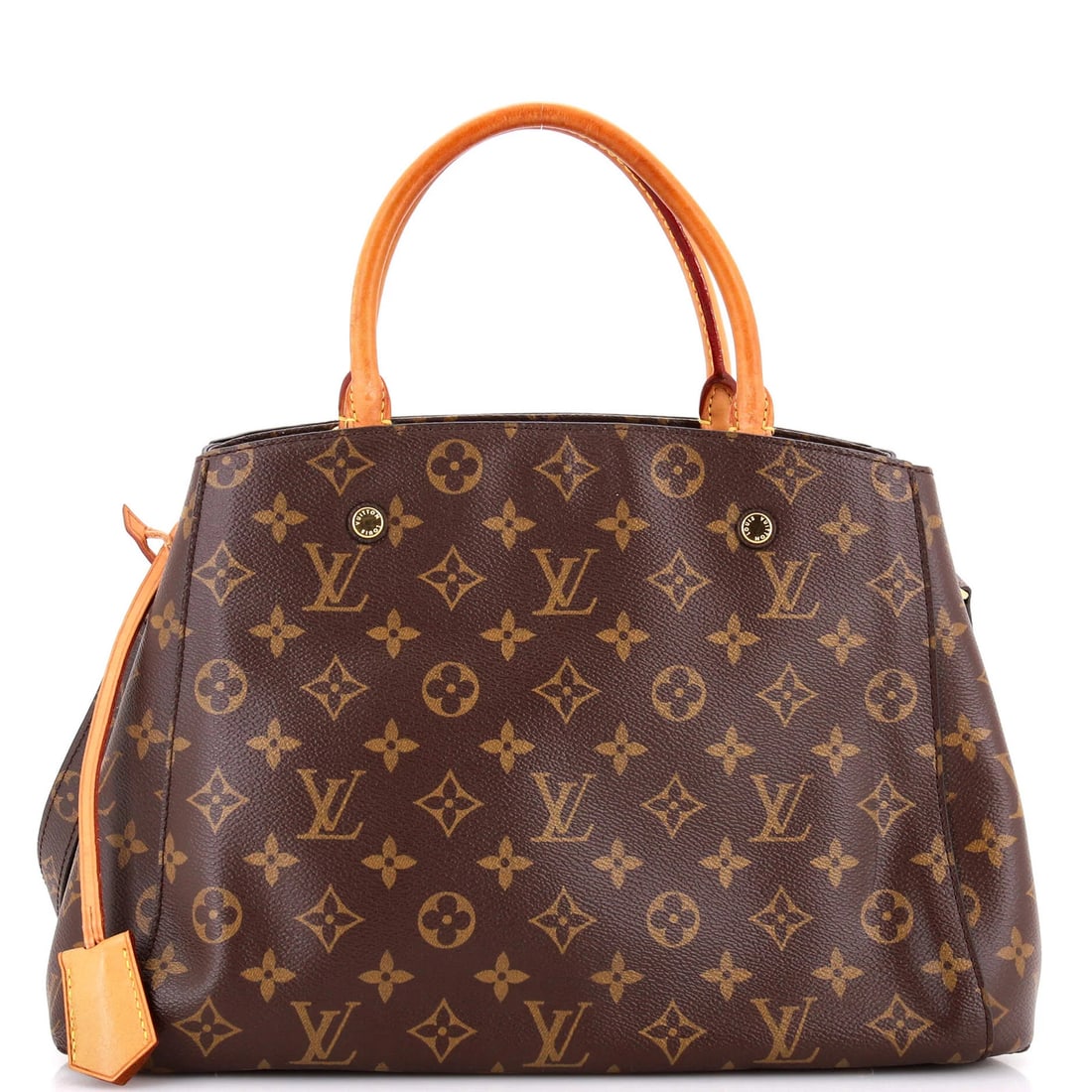 Montaigne Handbag Louis Vuitton MM Canvas: Montaigne Handbag Louis Vuitton MM Canvas Brown Montaigne Handbag Louis Vuitton MM Canvas features a classic totes design with a canvas exterior and gold hardware. The bag measures 9" tall, 13.5"