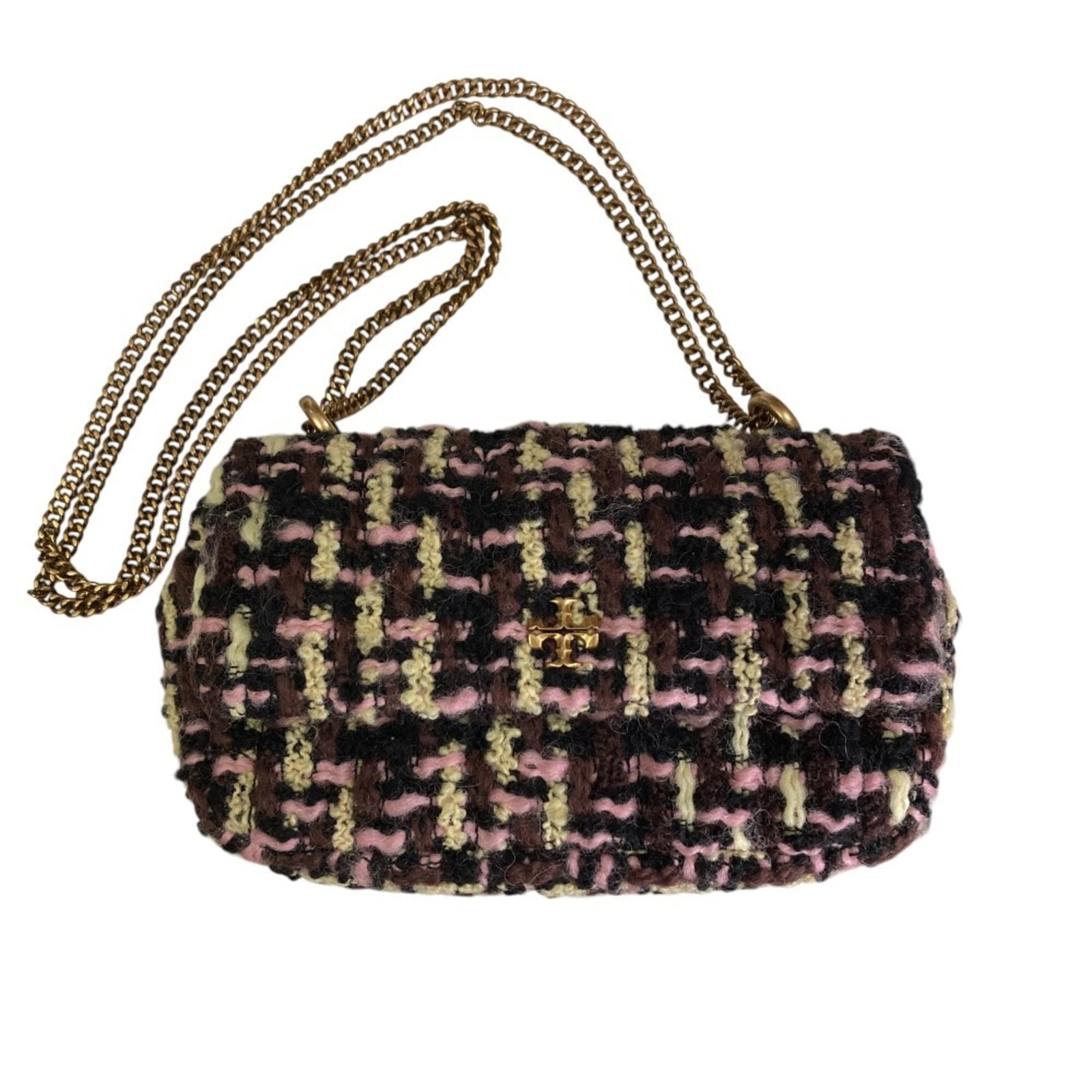 TORY BURCH Shoulder Bag Tweed: TORY BURCH Shoulder Bag Tweed Tory Burch's iconic shoulder bag is crafted from luxurious tweed, offering a unique blend of style and sophistication. With its vibrant multi-color design and compact 11c