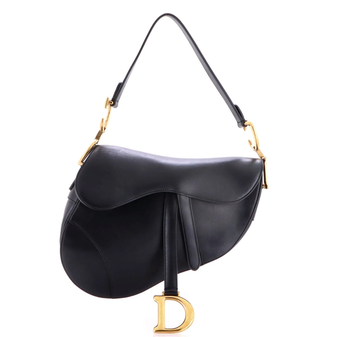 Handbag Leather Medium Saddle Dior Christian: Handbag Leather Medium Saddle Dior Christian Black leather medium saddle Dior Christian handbag with gold hardware and microfiber interior. Features a shoulder bag style with heavy scuffs throughout, 