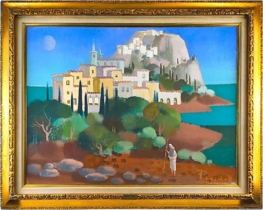 Johann Pleidell Oil Painting Village Mediterranean Cypress Moon Landscape (1 of 9)