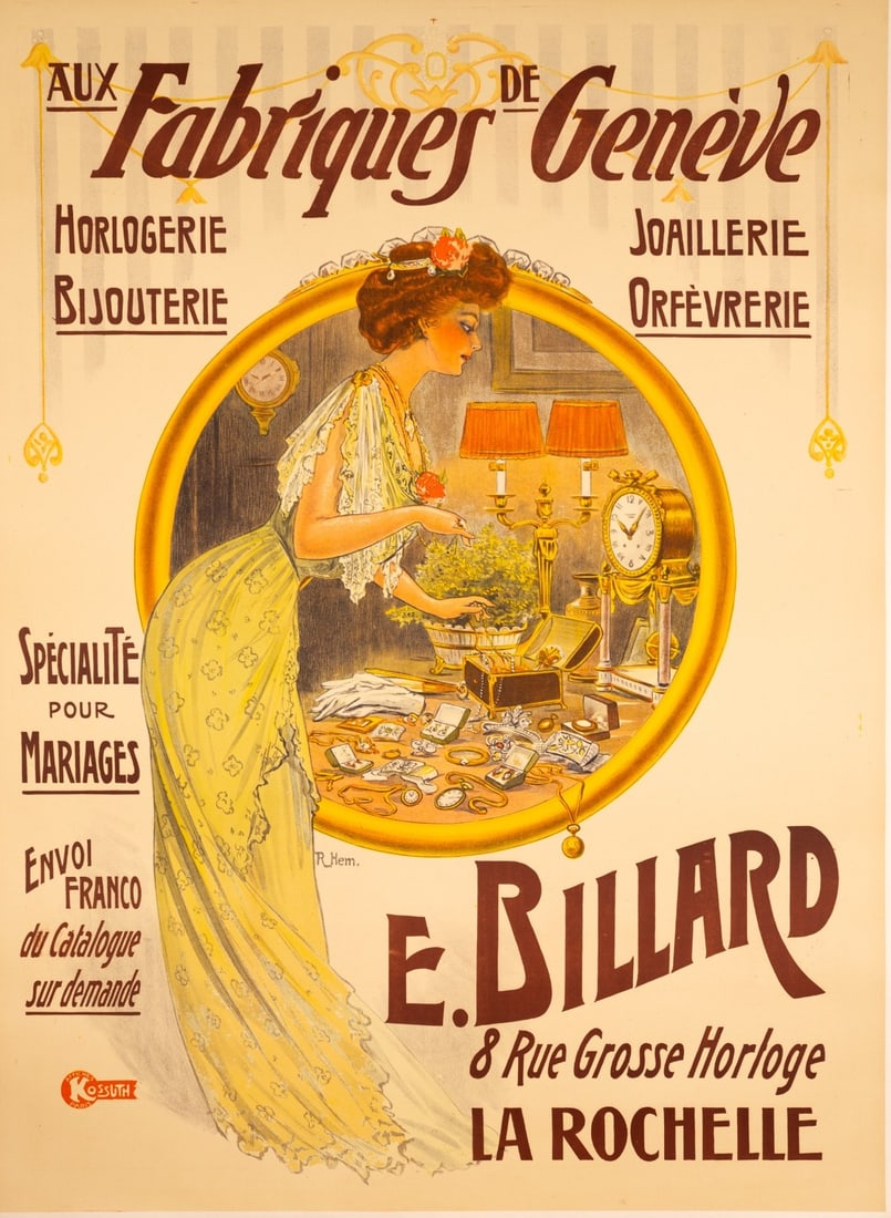 Aux Fabriques De Geneve Hem 1903 - French Art Nouveau Jewelry Poster: Aux Fabriques De Geneve Hem 1903 - French Art Nouveau Jewelry Poster Item Specifics: Artist: Hem Unit Of Sale: Single Piece Size: 47x63 Date Of Creation: 1903 Material: Canvas Paper Certificate Of Aut