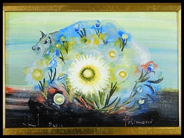 Signed Framed Abstract Painting Flowers Cow Polimeno Paolo (1 of 9)